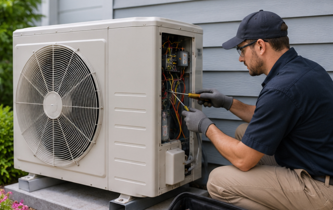 Peach Heat and Cool technician servicing an outdoor heat pump unit