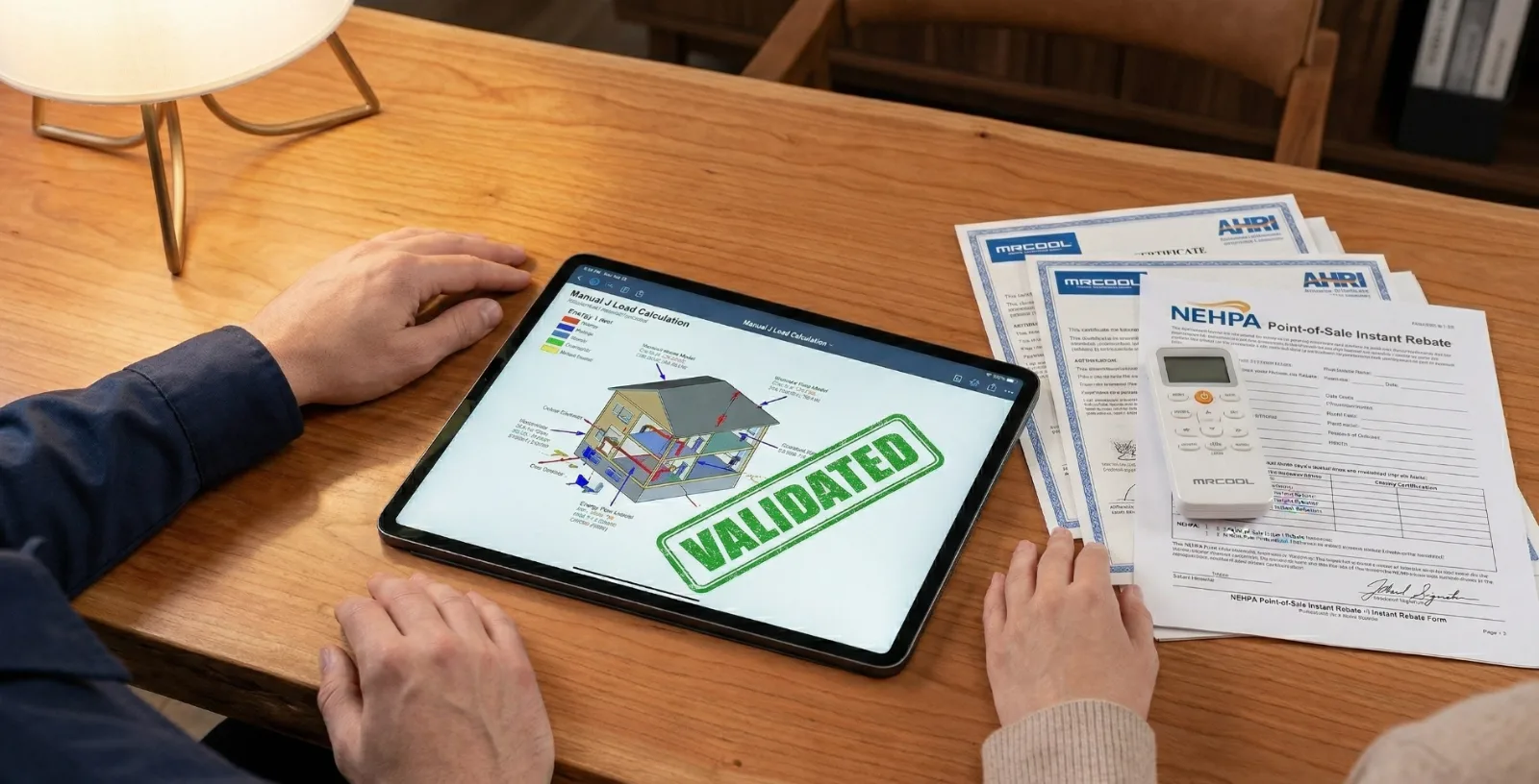 Heat pump load calculation on a tablet beside MRCOOL AHRI certificates and a NEHPA point-of-sale rebate form for a Massachusetts install