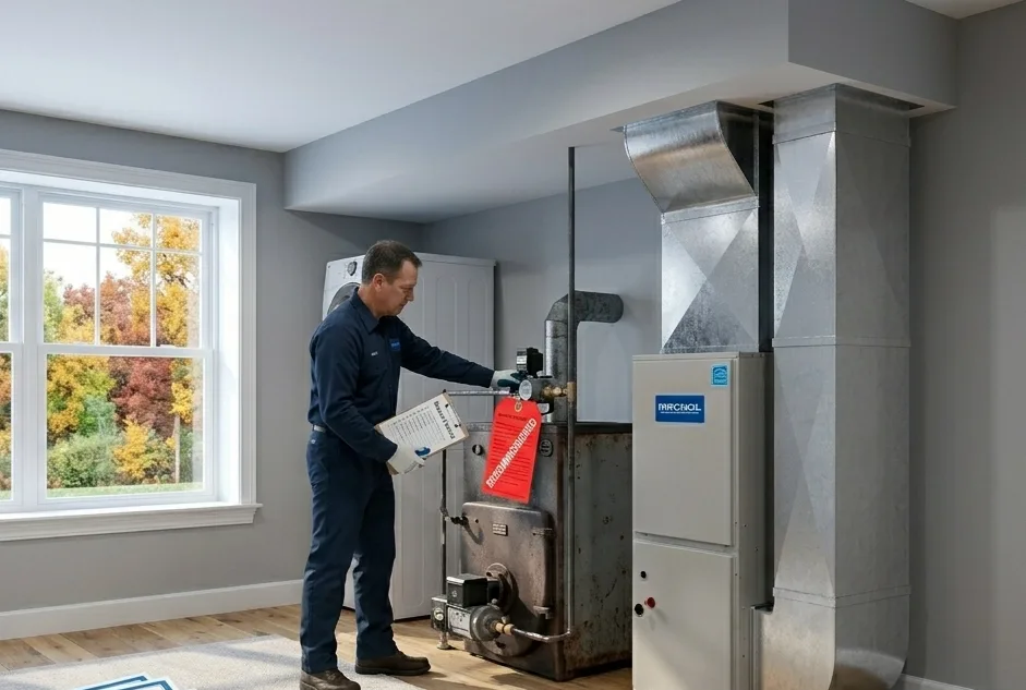 Technician replacing an oil furnace with a MRCOOL ducted heat pump in a Massachusetts home on a Mass Save gas or electric account